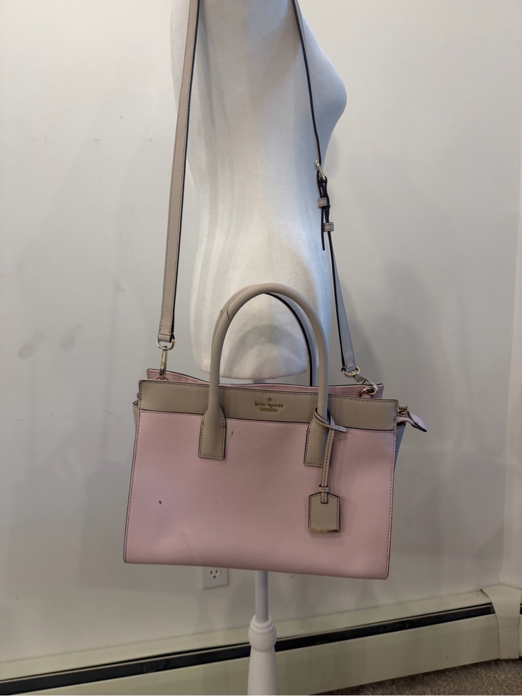 Kate Spade Pink Leather Satchel With Taupe Trim And Adjustable Strap